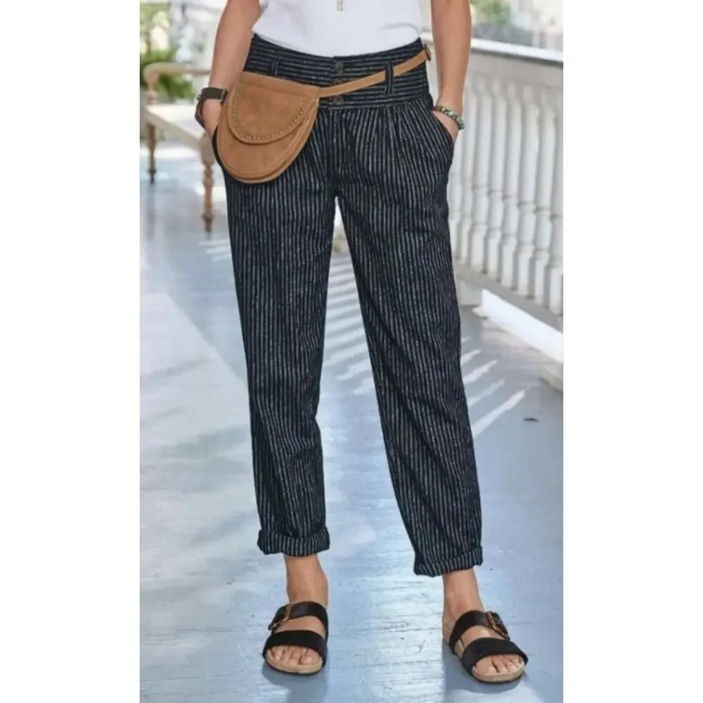 Sundance Amelia Trouser Pant Black White‎ Pinstripe 14P Linen Cotton Petite